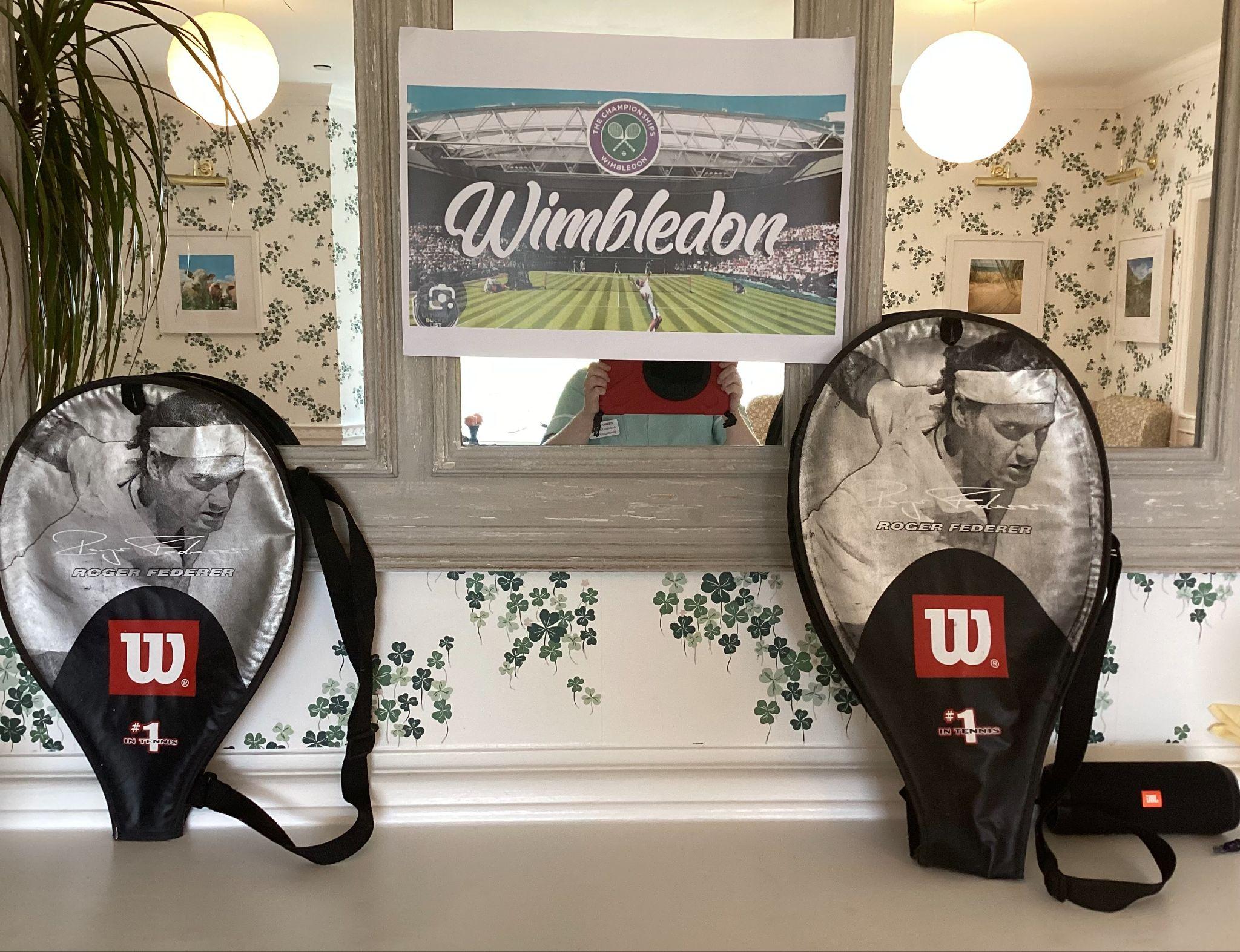 Wimbledon themed props at coffee morning.