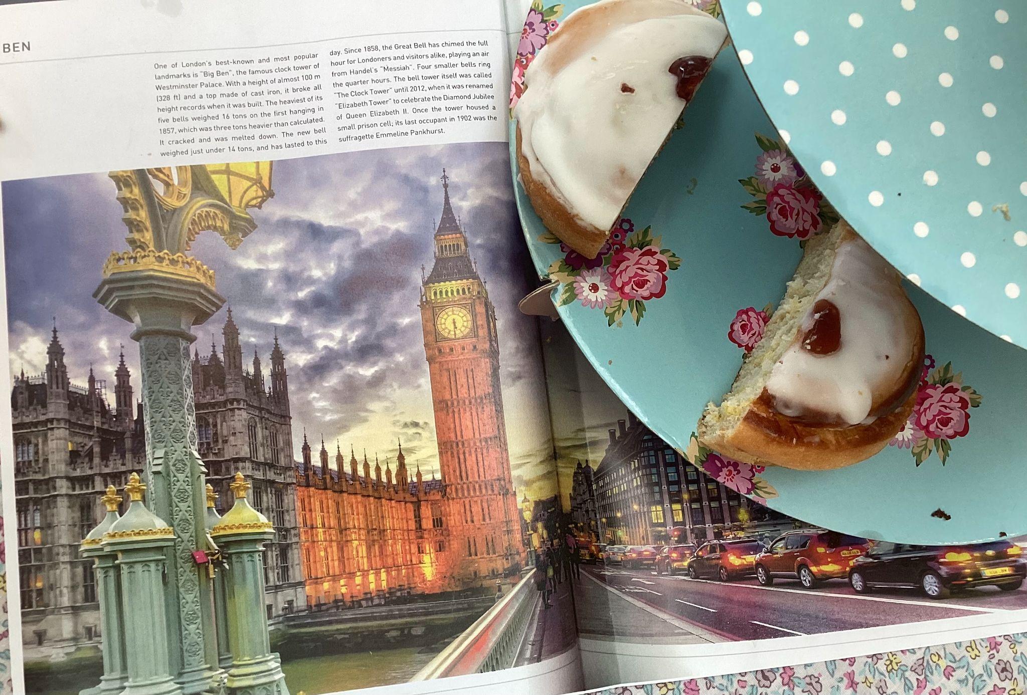 Chelsea Bun Afternoon Tea with pictures of London to reminisce about good times in London.