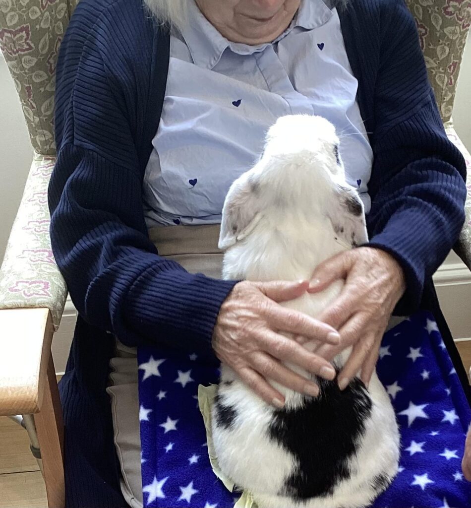 A resident snuggling a rabbit.